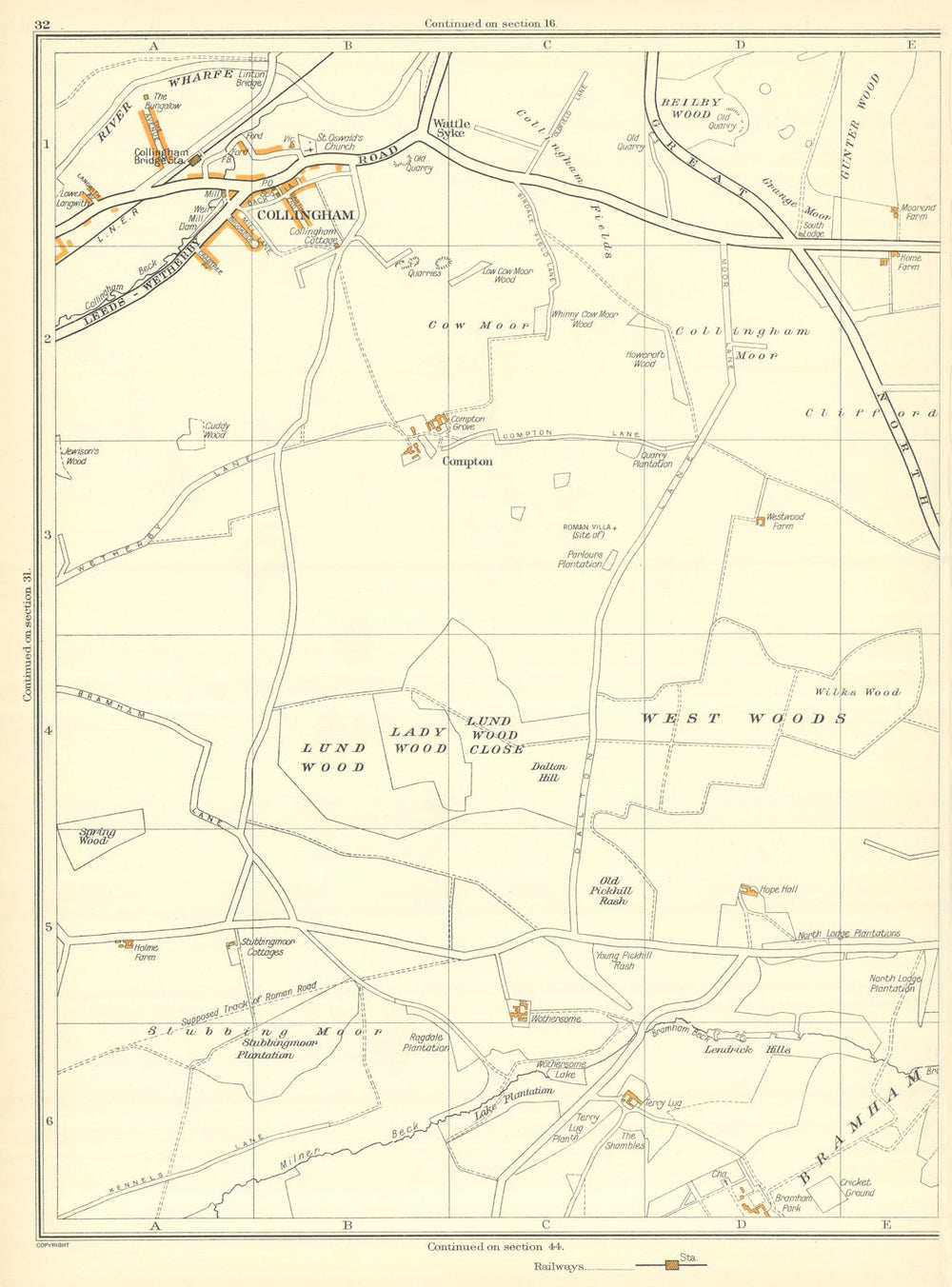 YORKSHIRE Beilby Wood;Collingham Lady Compton Spring Wattle Skye 1935 old map