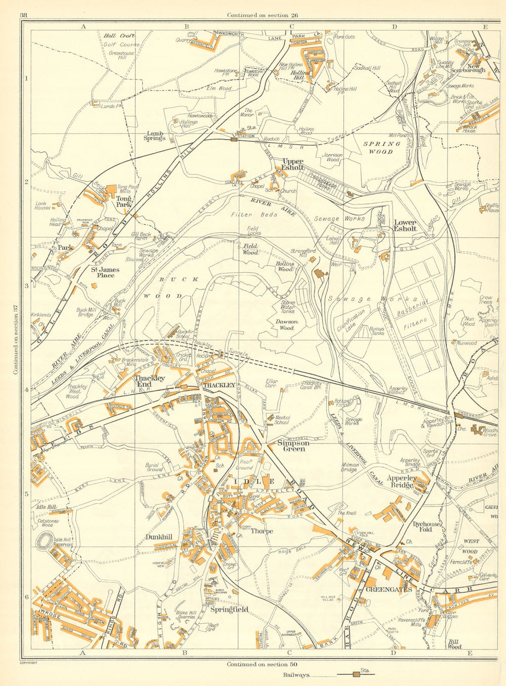 YORKSHIRE Simpson Green Thorpe Dunkhill Thackley Esholt Idle Greengates 1935 map