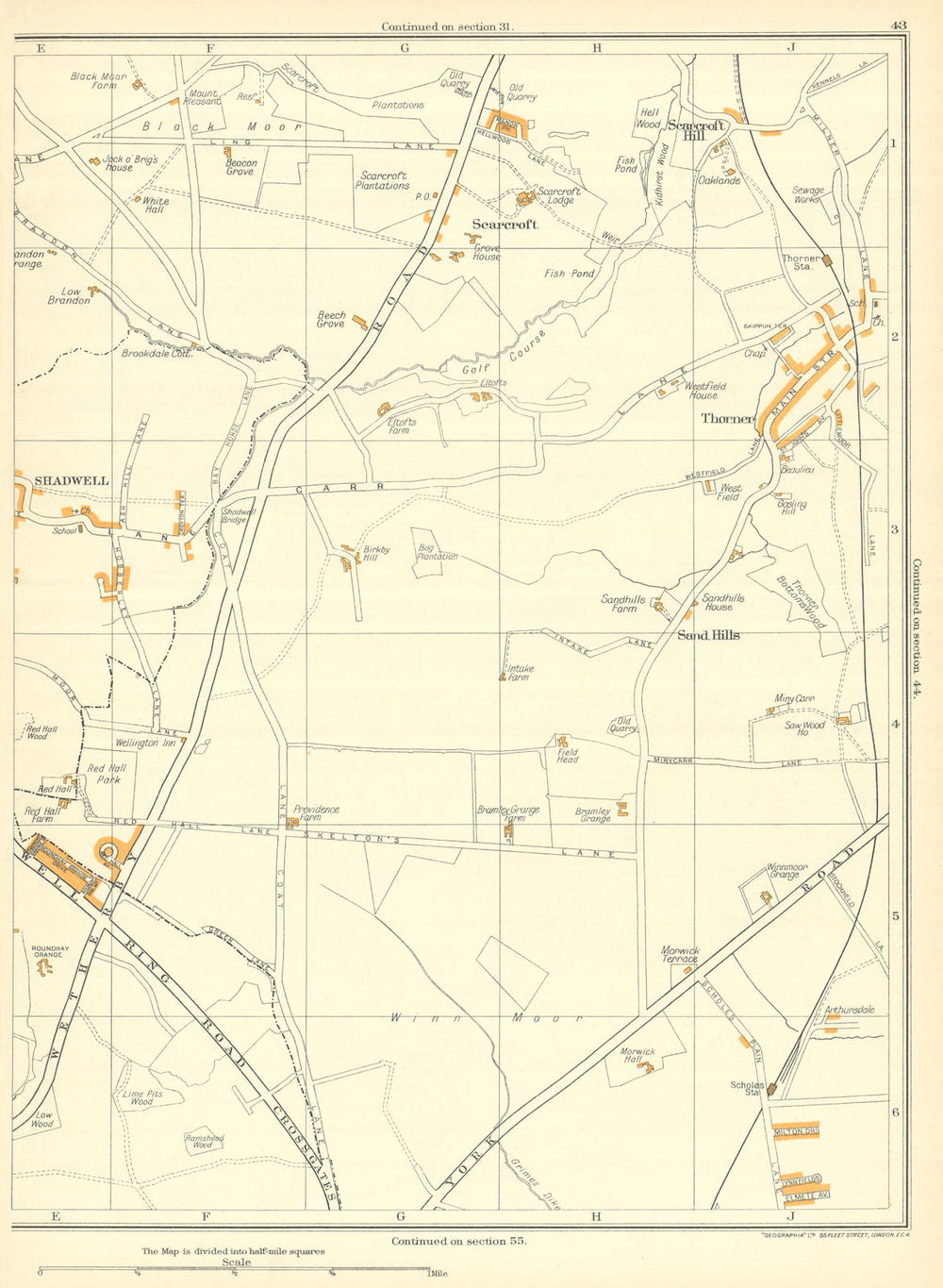 YORKSHIRE Shadwell Sand Hills Scarcroft Hill Thorner Morwick Hall 1935 old map