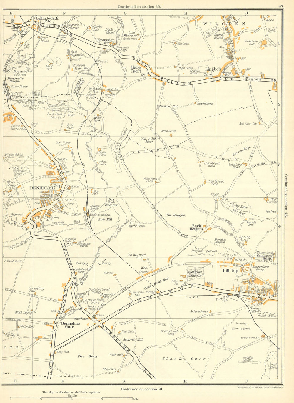 YORKS Hare Croft Lingbob Heights Hill Top Denholme Black Carr Wilsden 1935 map