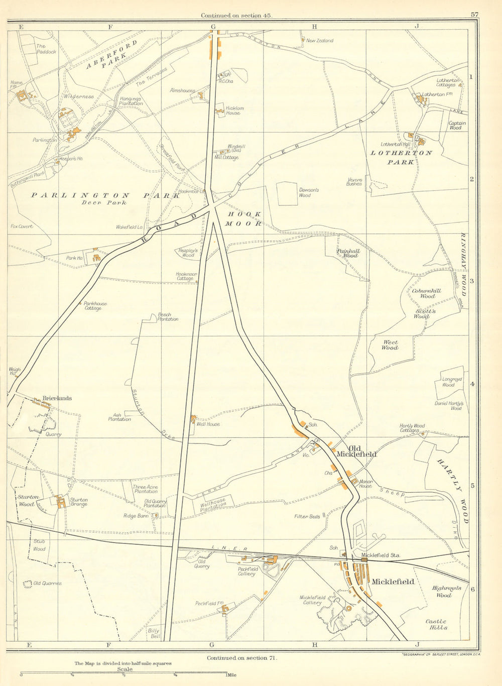 YORKSHIRE Aberford Park Lotherton Hall Old Micklefield Brierlands 1935 map