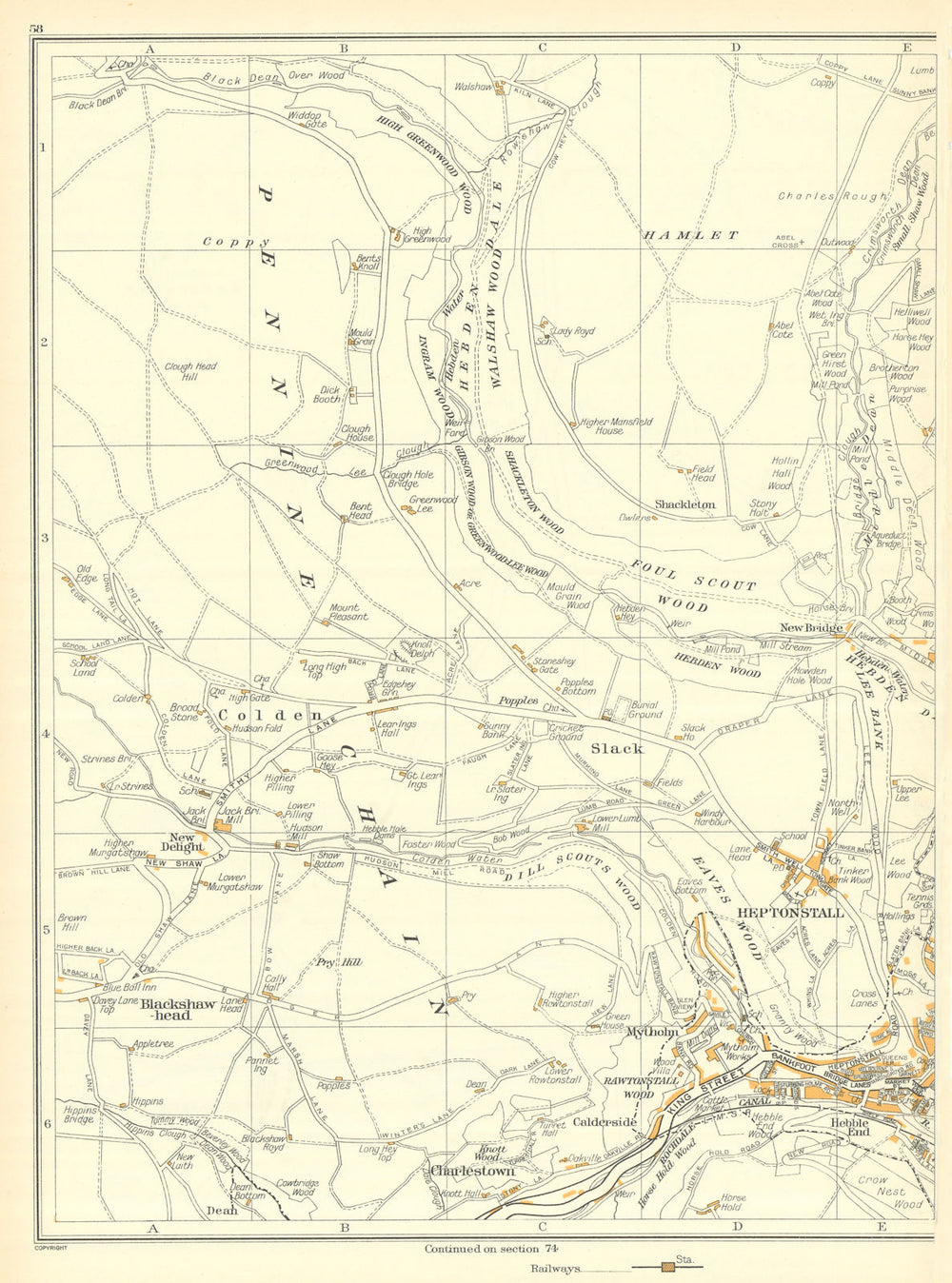 HEBDEN BRIDGE Foul Scout Slack Heptonstall Colden Mytholm Charlestown 1935 map