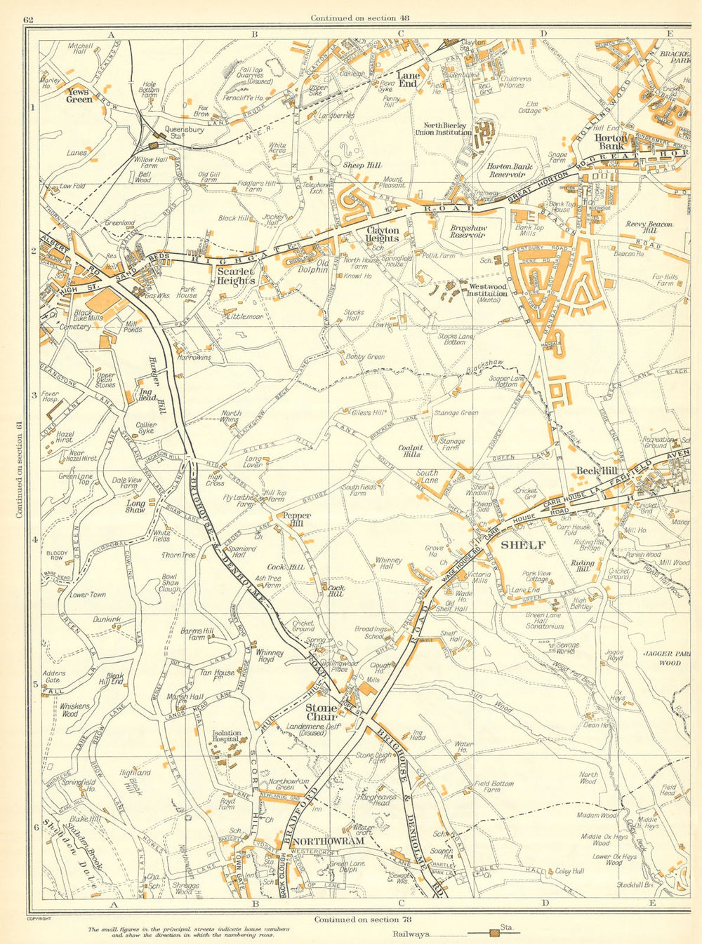 BRADFORD Horton Bank Northowram Queensbury Shelf Stone Chair Beck Hill 1935 map