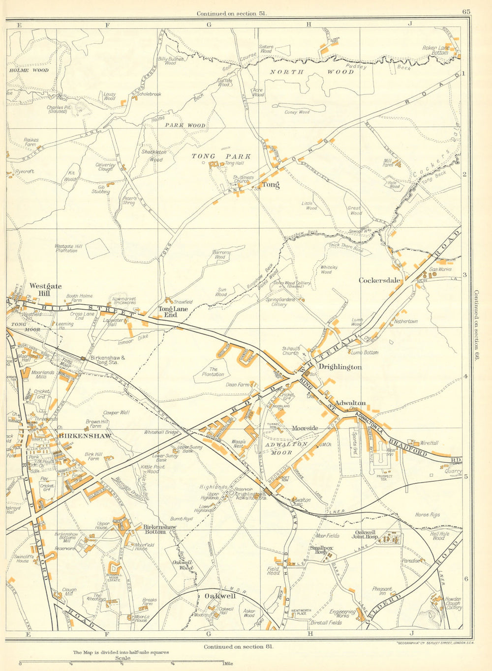 YORKSHIRE Birkenshaw Drighlinton Westgate Hill Oakwell Adwalton 1935 old map