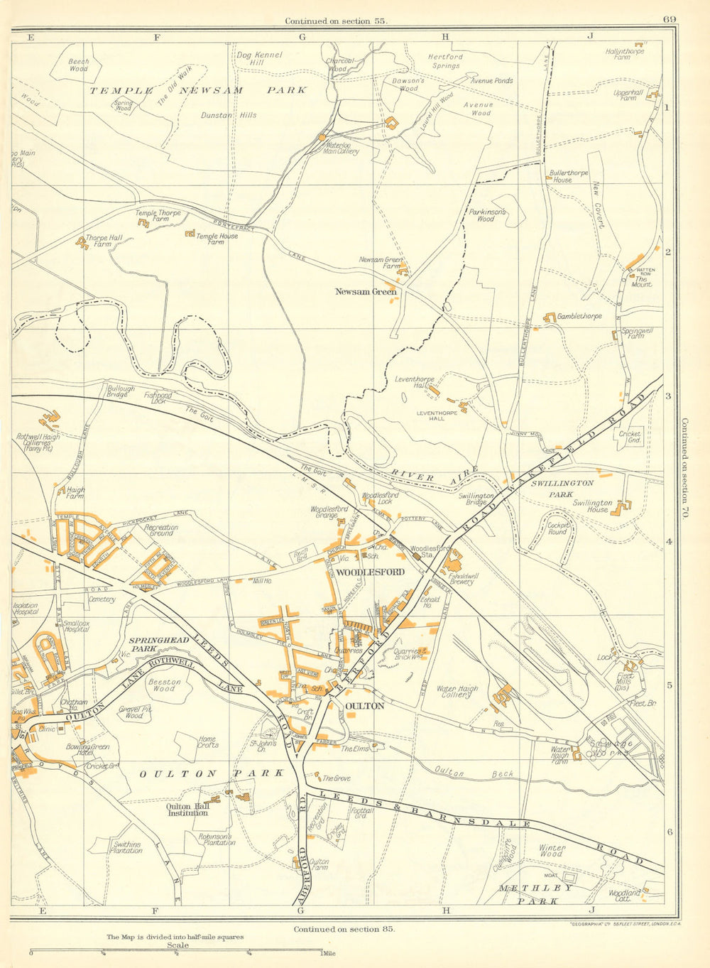 YORKSHIRE Rothwell Newsam Green Oulton Winter Wood Woodlesford 1935 old map