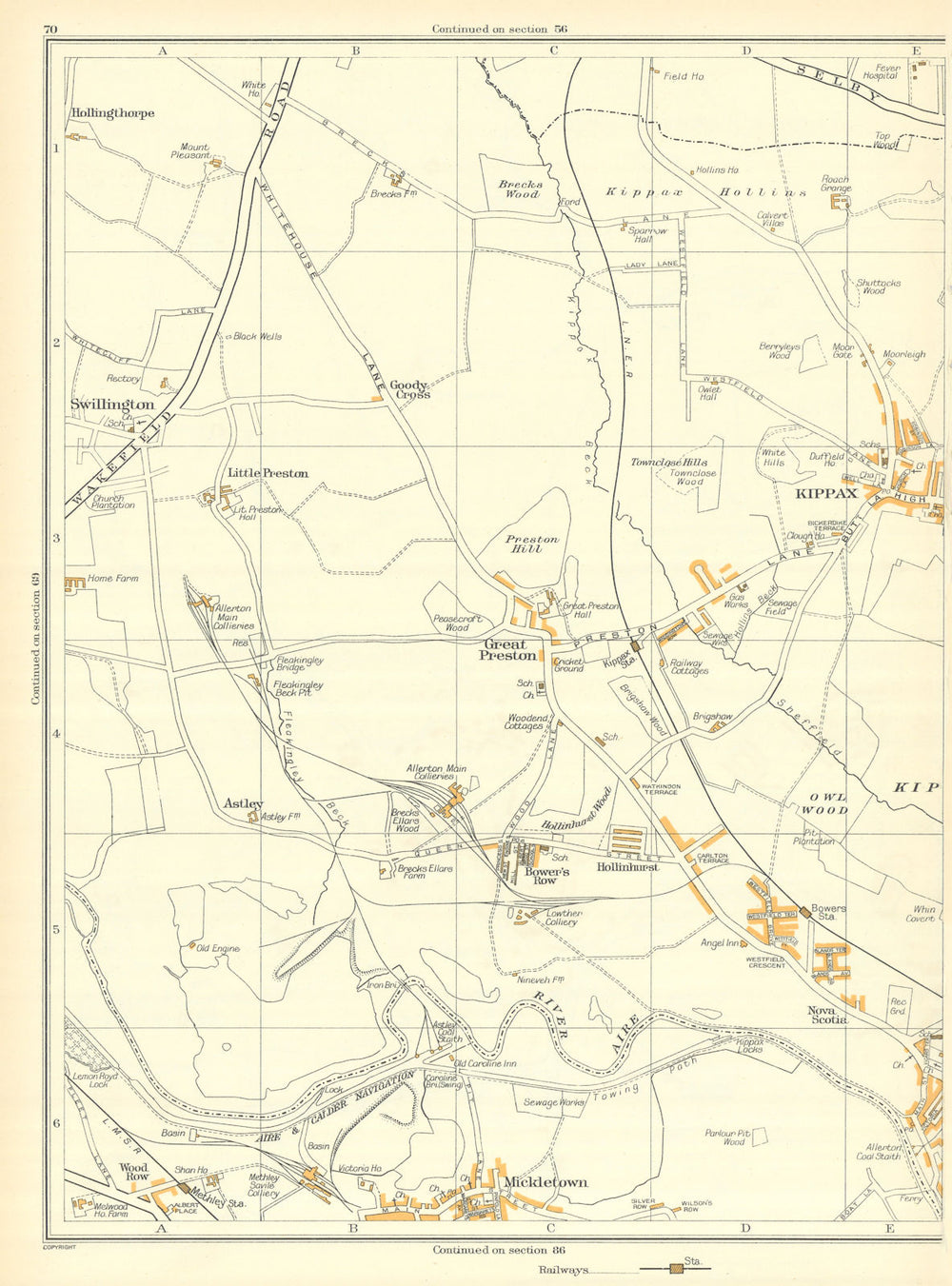 YORKSHIRE Great Preston Kippax Swillington Nova Scotia Mickleton 1935 old map