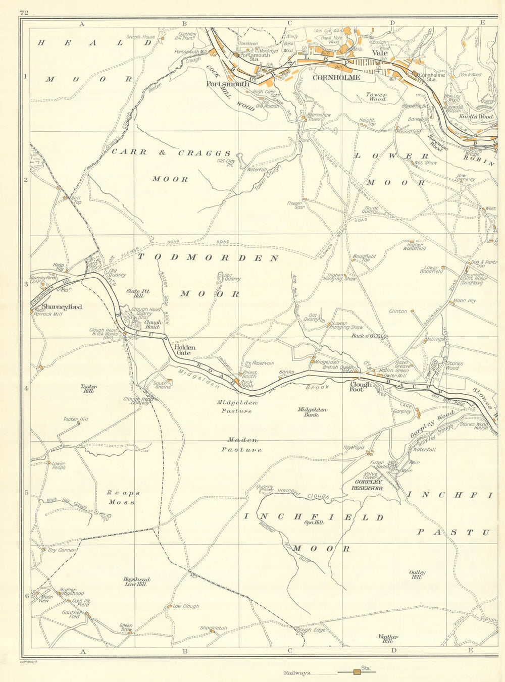 YORKSHIRE Inchfield Moor Todmorden Carr Craggs Cornholme Portsmouth 1935 map