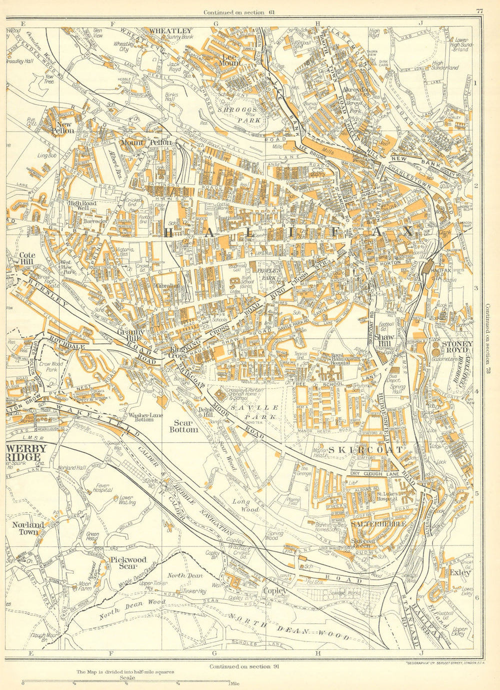 HALIFAX Sowerby Bridge Scar Bottom Skircoat Pickwood Norland town 1935 old map