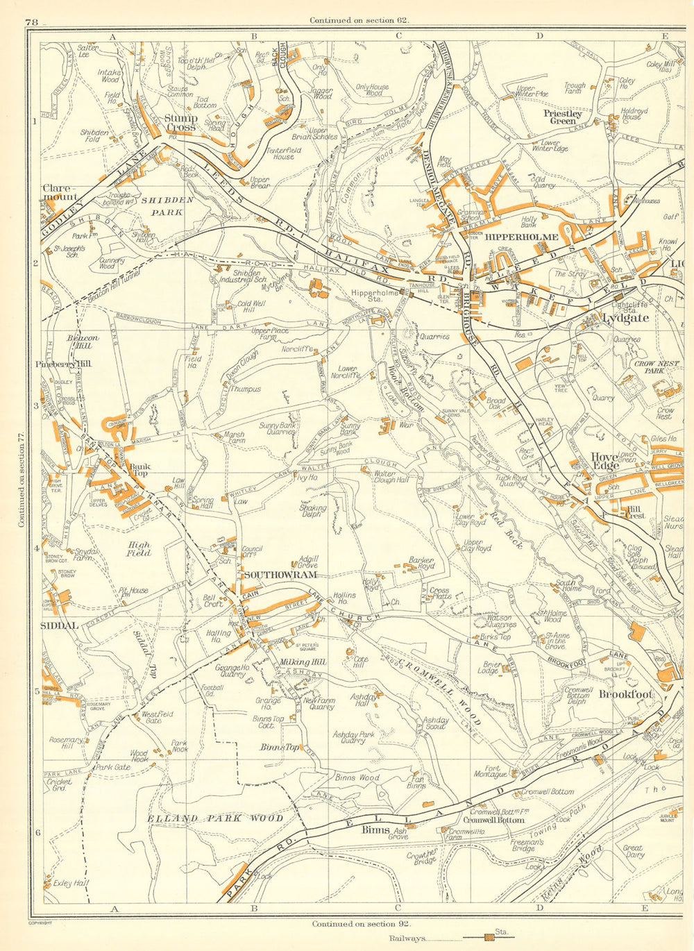 YORKS Brookfoot Elland Park Southowram Hove Edge Hipperholme Lydgate 1935 map