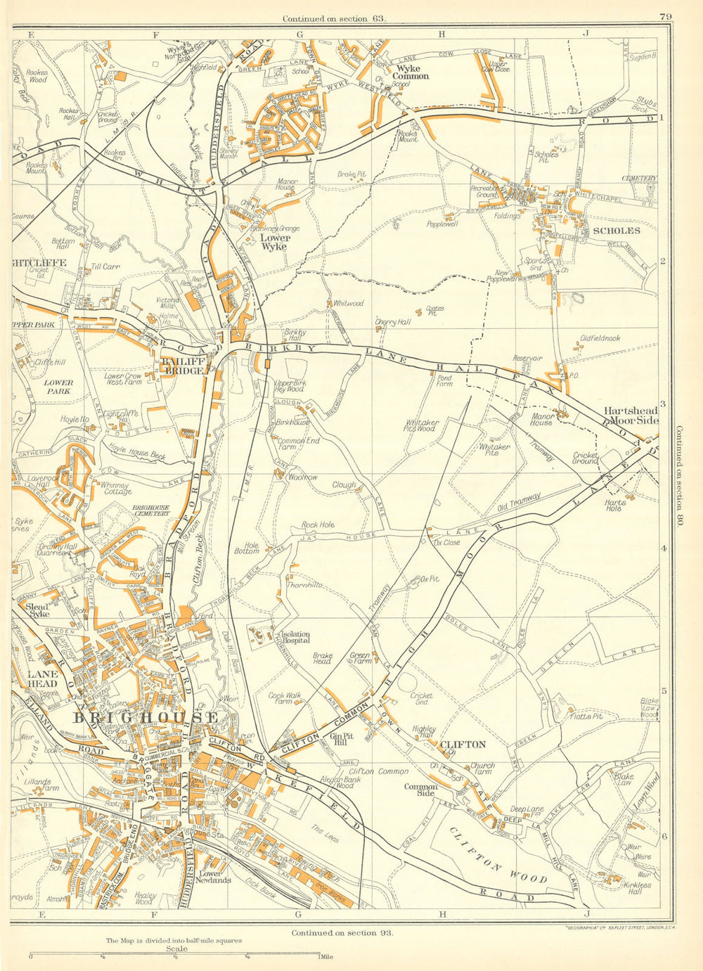 BRIGHOUSE Clifton Scholes Lower Park Bailiff Bridge Wyke 1935 old vintage map