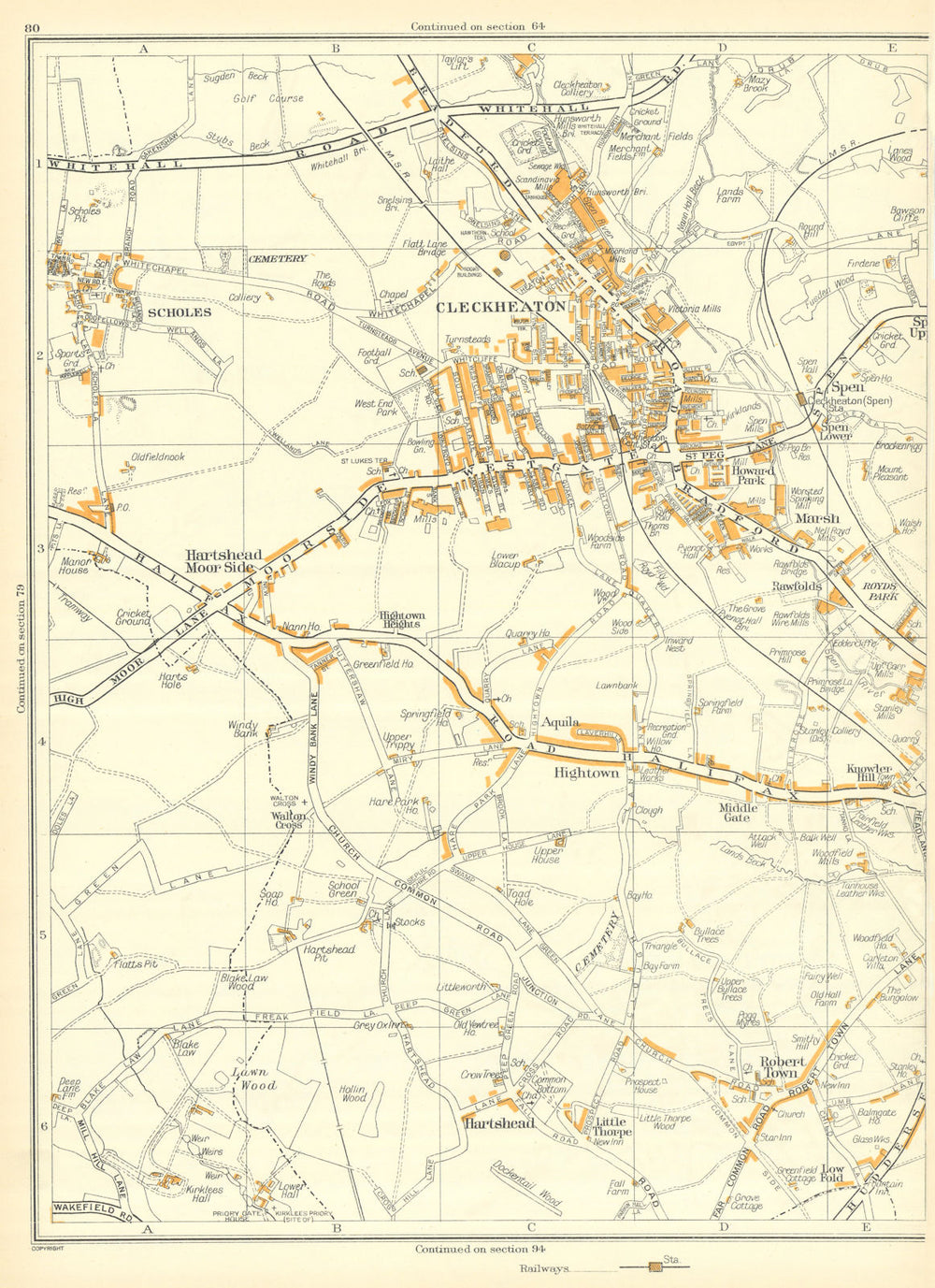 CLECKHEATON Hightown Middle Gate Robert town Thorpe Hartshead Scholes 1935 map