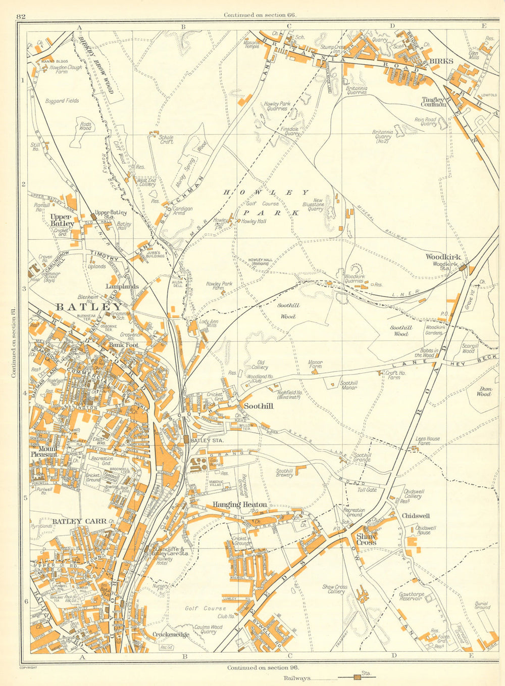 BATLEY Carr Hanging Heaton Soothill Howley Park Birks Chidswell 1935 old map