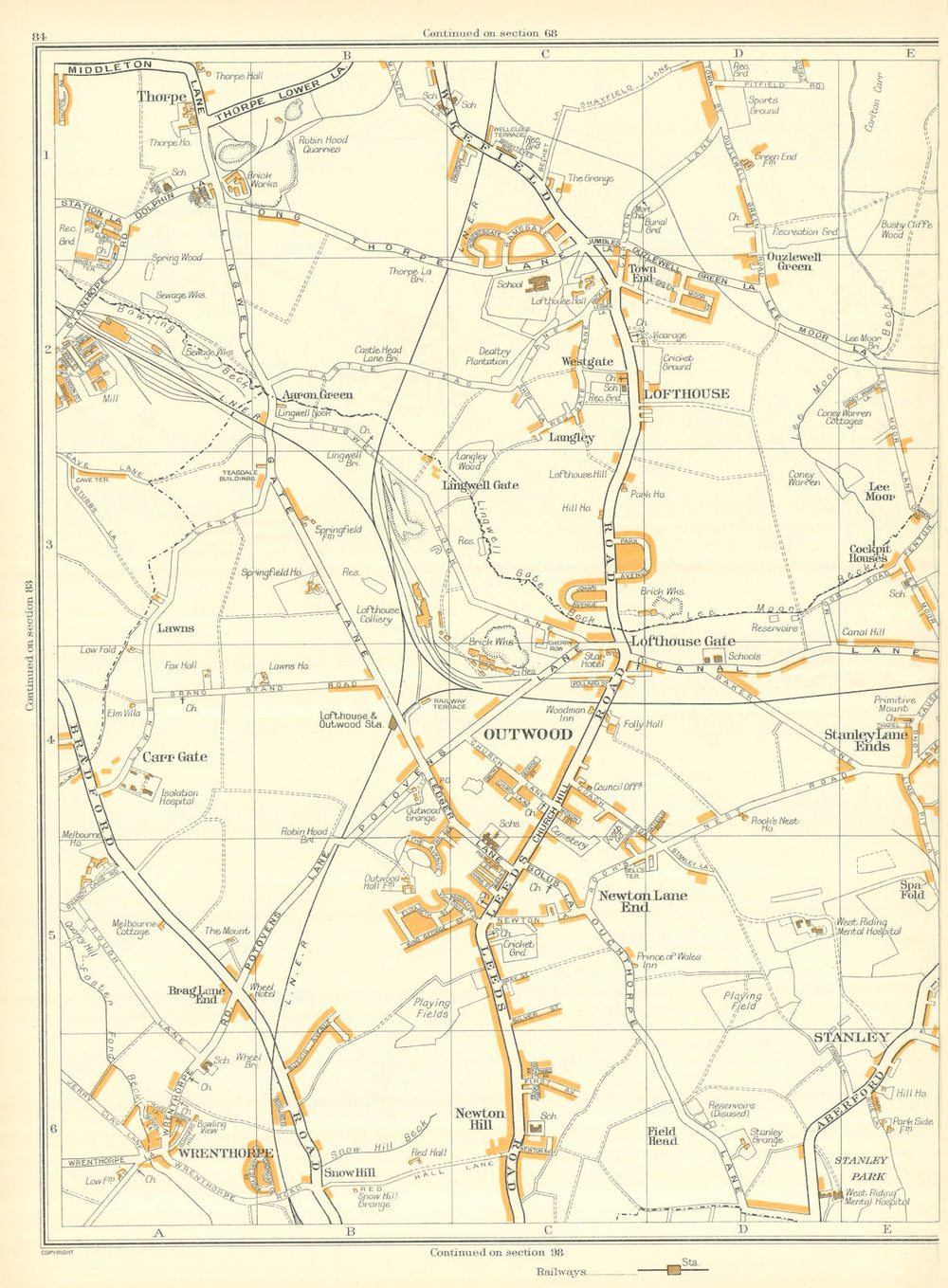 YORKSHIRE Stanley Field Head Outwood Lofthouse Snowhill Wrenthorpe 1935 map