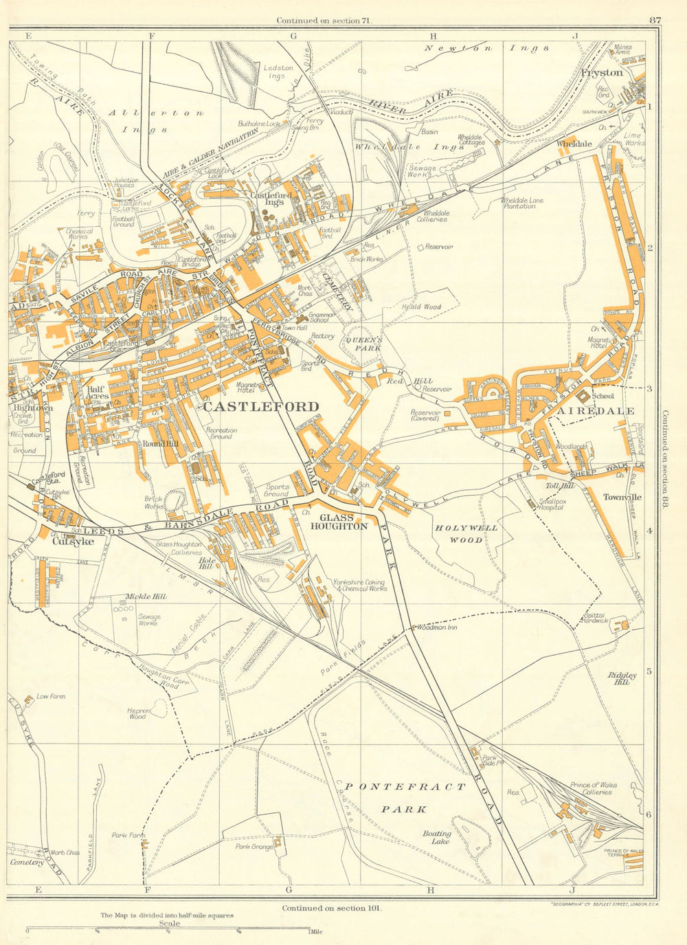 CASTLEFORD Pontefract Park Glass Houghton Townville Cutsyke Airedale 1935 map