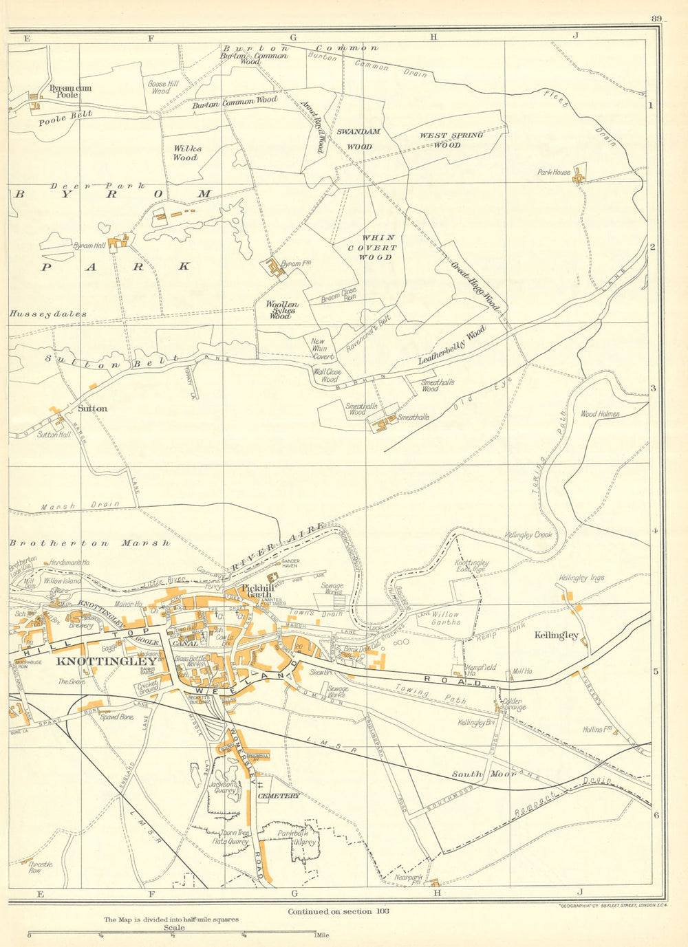 KNOTTINGLEY Sutton Byrom Park Kellingley Pickhill Garth 1935 old vintage map
