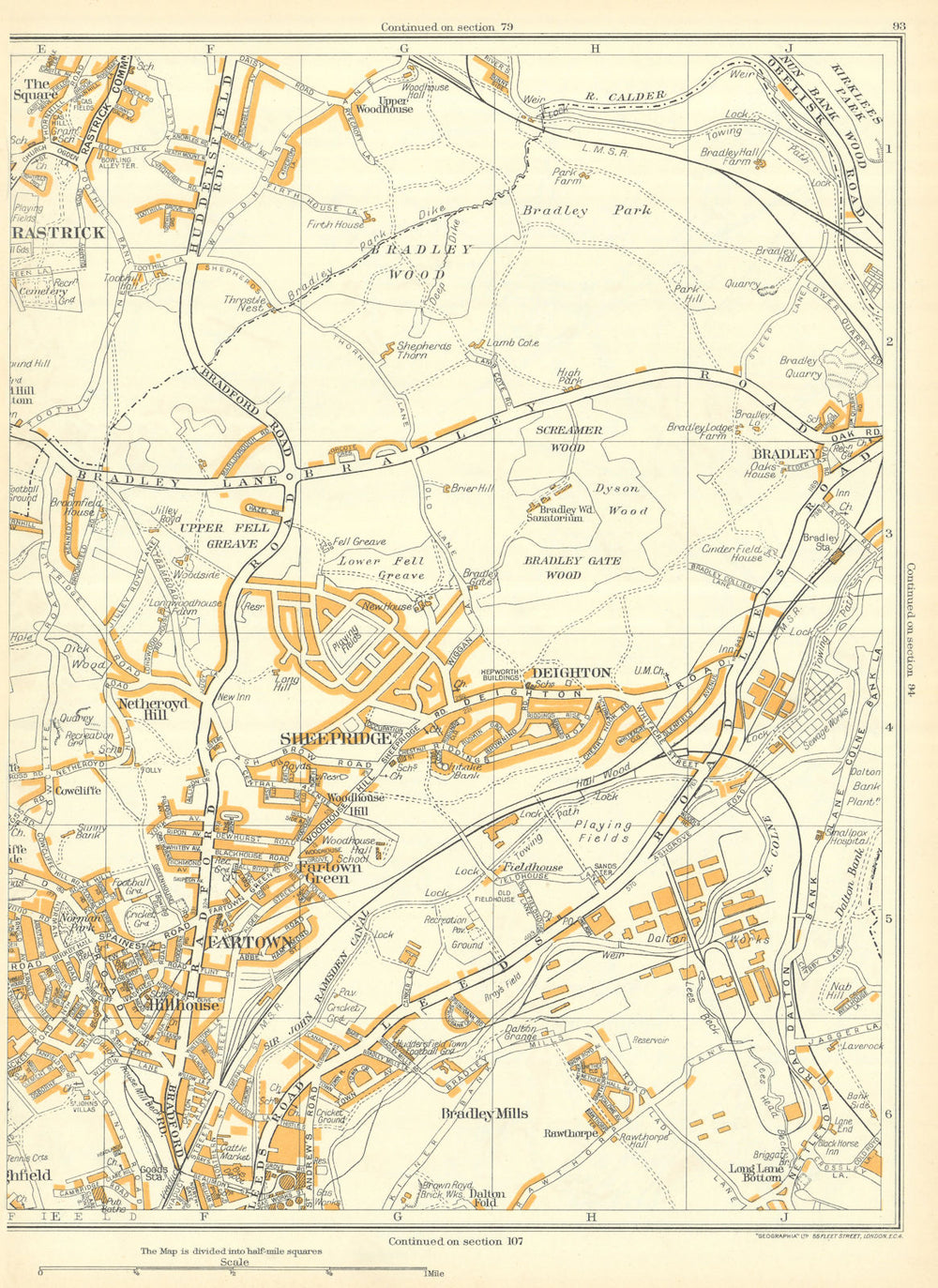 HUDDERSFIELD Bradley Sheepridge Rastrick Fartown Deighton hillhouse 1935 map
