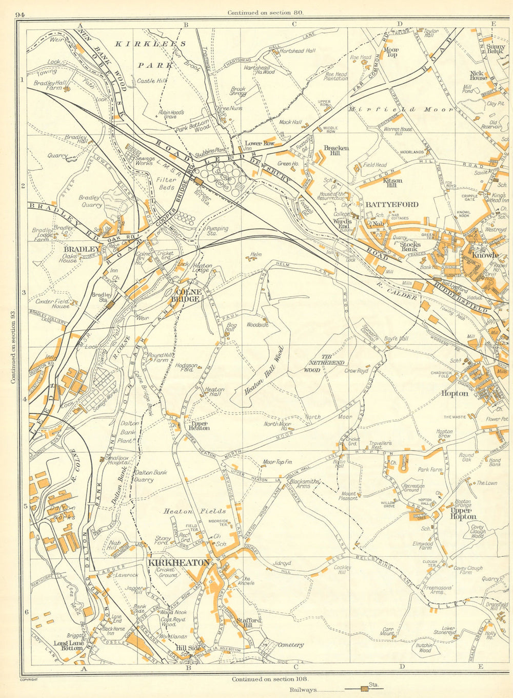 YORKSHIRE Mirfield Knowle Kirkheaton Hopton Battyeford Colne Bridge 1935 map