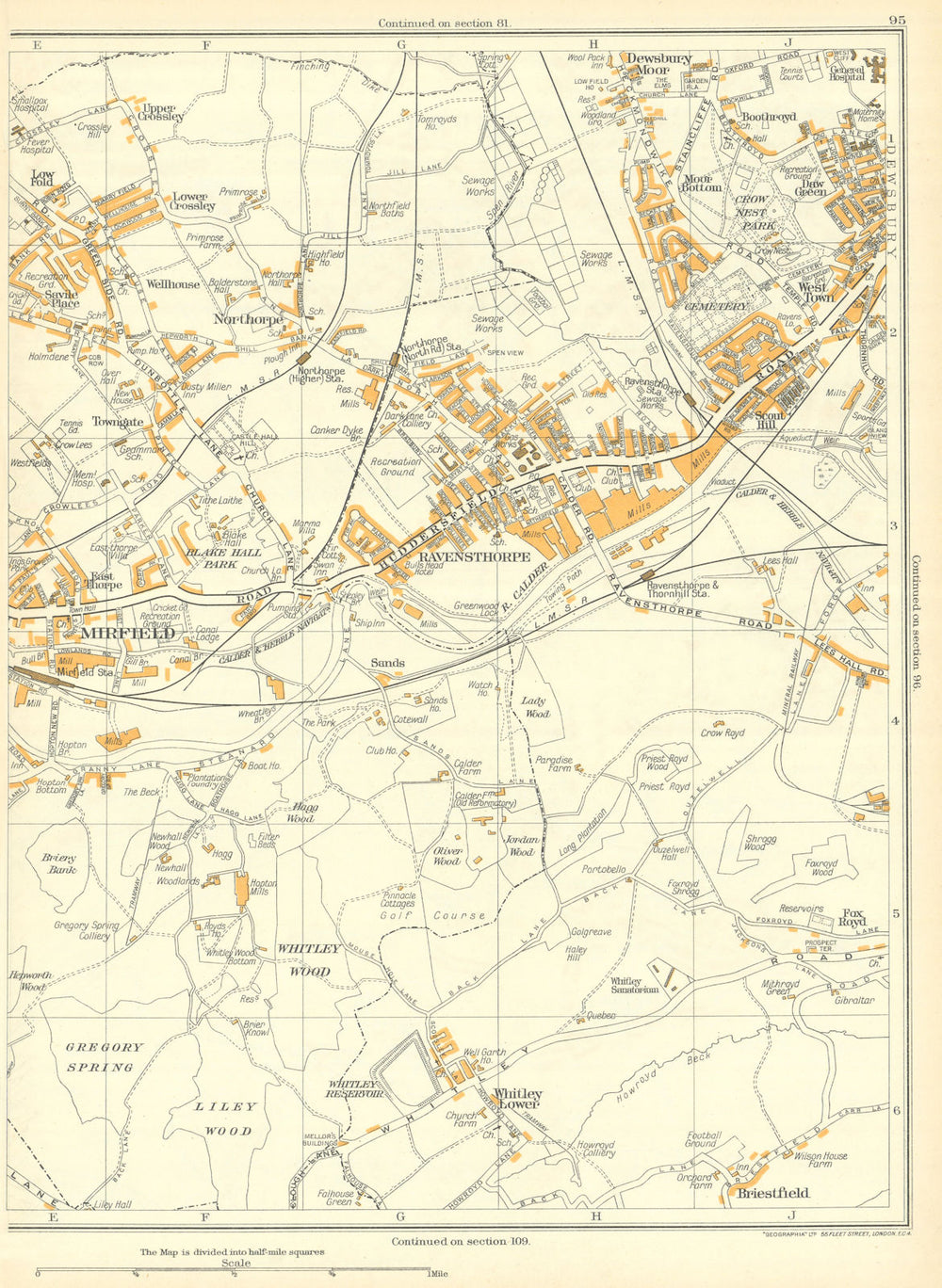 YORKSHIRE Mirfield Whitley Briestfield Ravensthorpe Northorpe Dewsbury 1935 map