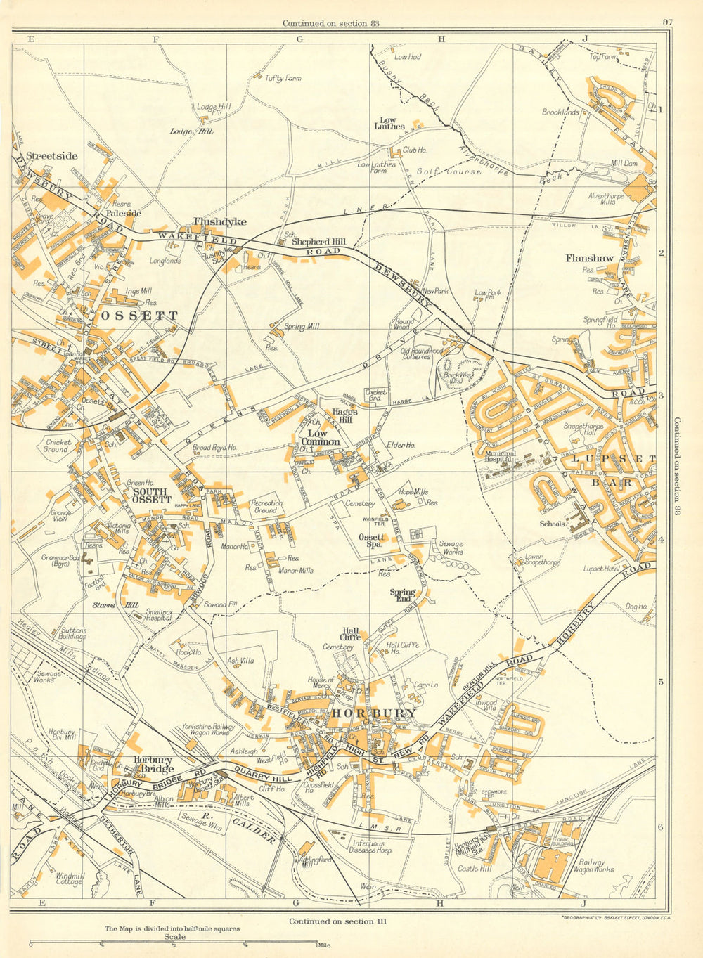 WAKEFIELD Horbury Ossett Flanshaw Lupset Bar Calder 1935 old vintage map chart