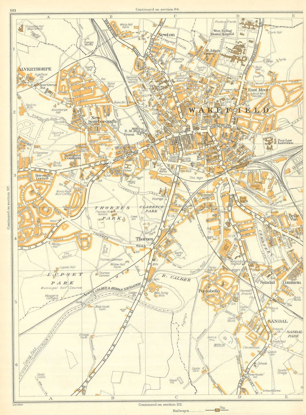 WAKEFIELD Alverthorpe Sandal Portobello Thornes New Scarborough Newton 1935 map