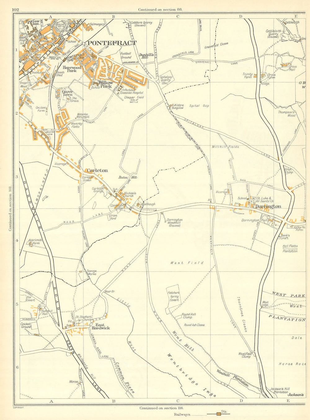 PONTEFRACT Carleton East Hardwick W Field Darrington Willow Park 1935 old map