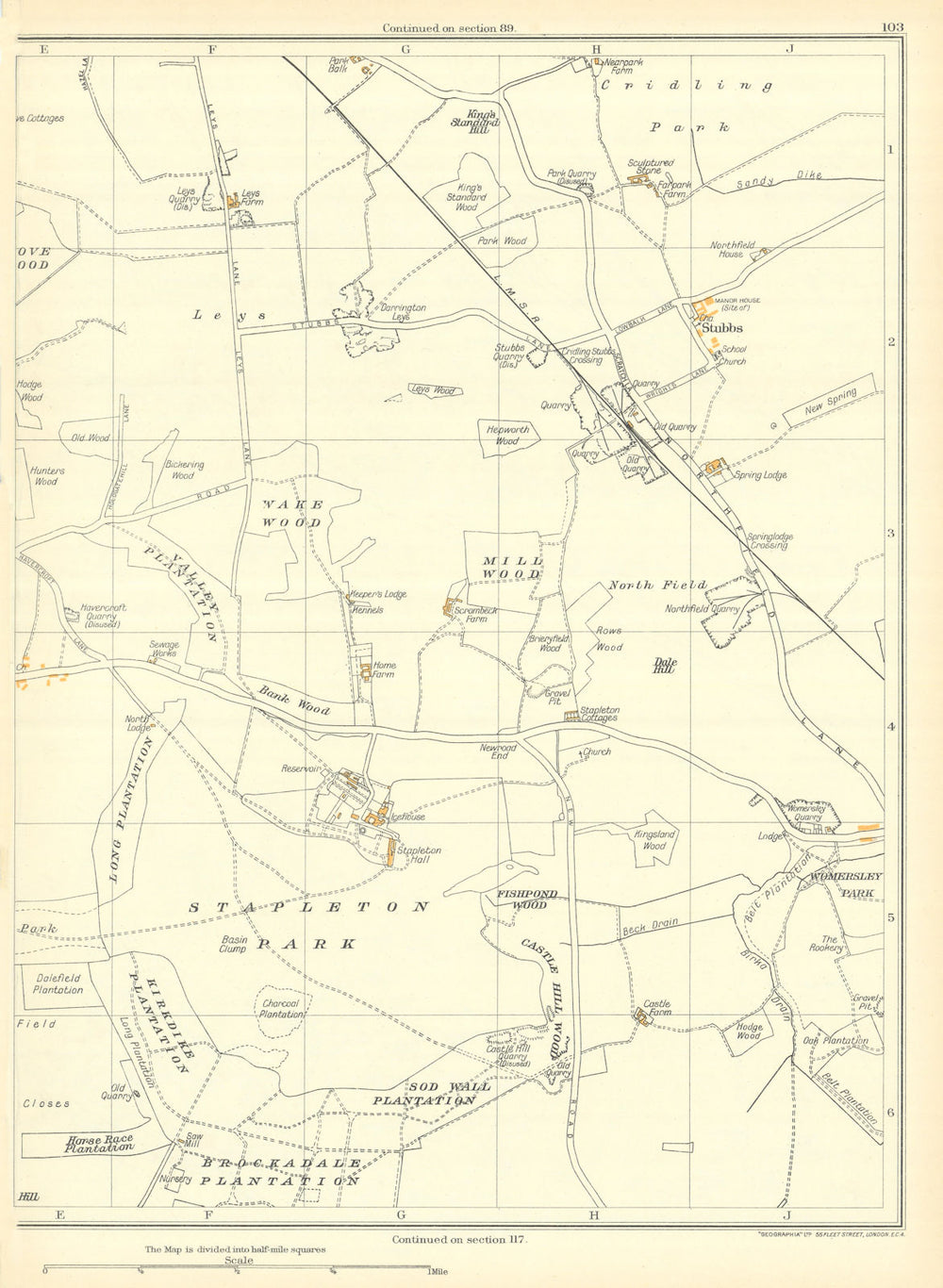 YORKSHIRE Mill Wood Stapleton Park Cridling Sod Wall Brockadale Stubbs 1935 map