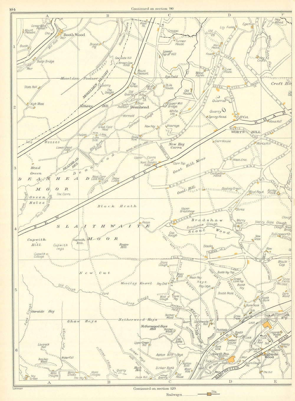 YORKS Slaithwaite Moor Cupwith Hill Worts Hill Garside Hey Shaw Heys 1935 map