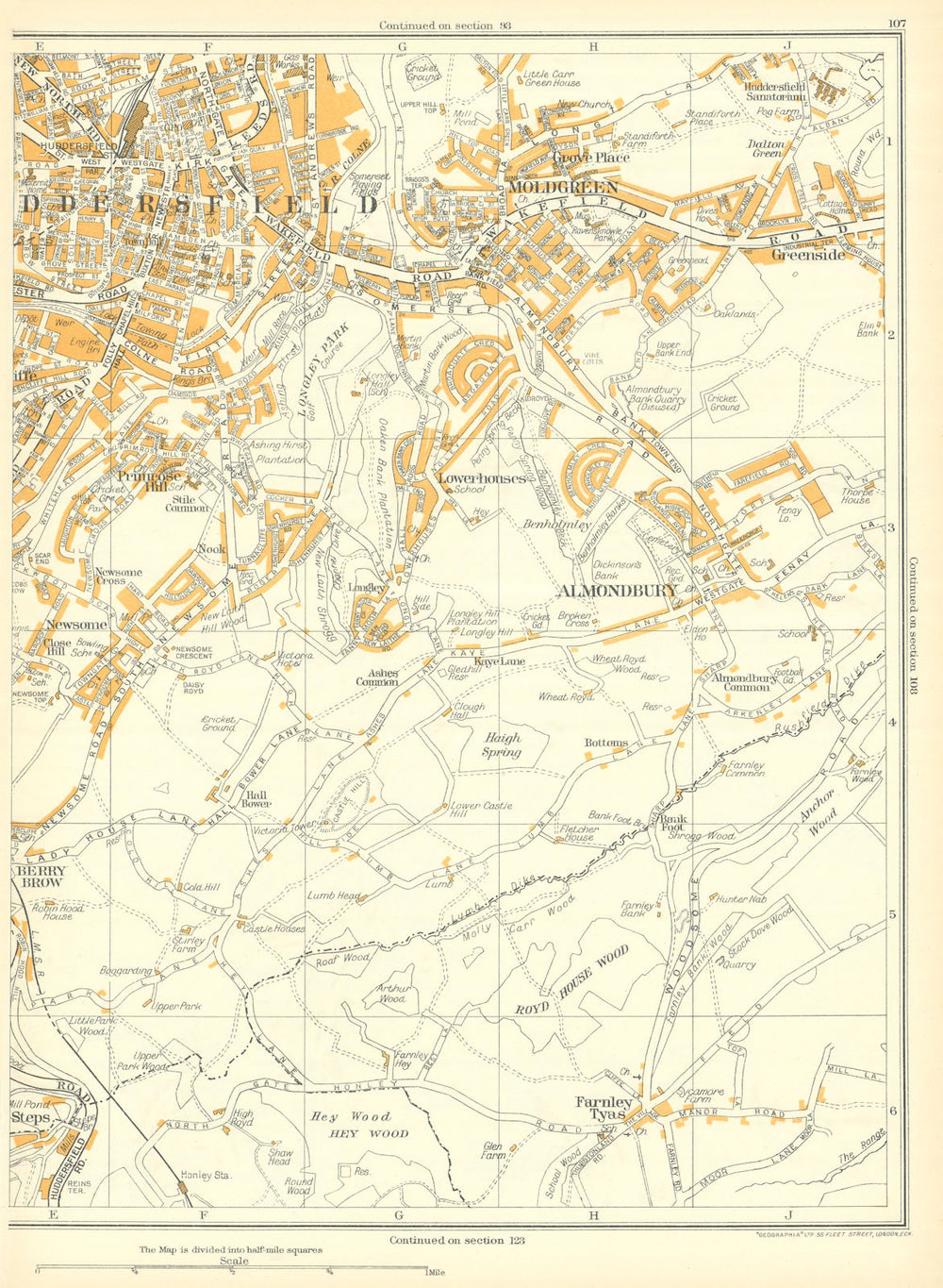 HUDDERSFIELD Almondbury Farnley Tyas Lowerhouses Moldgreen Hall Bower 1935 map