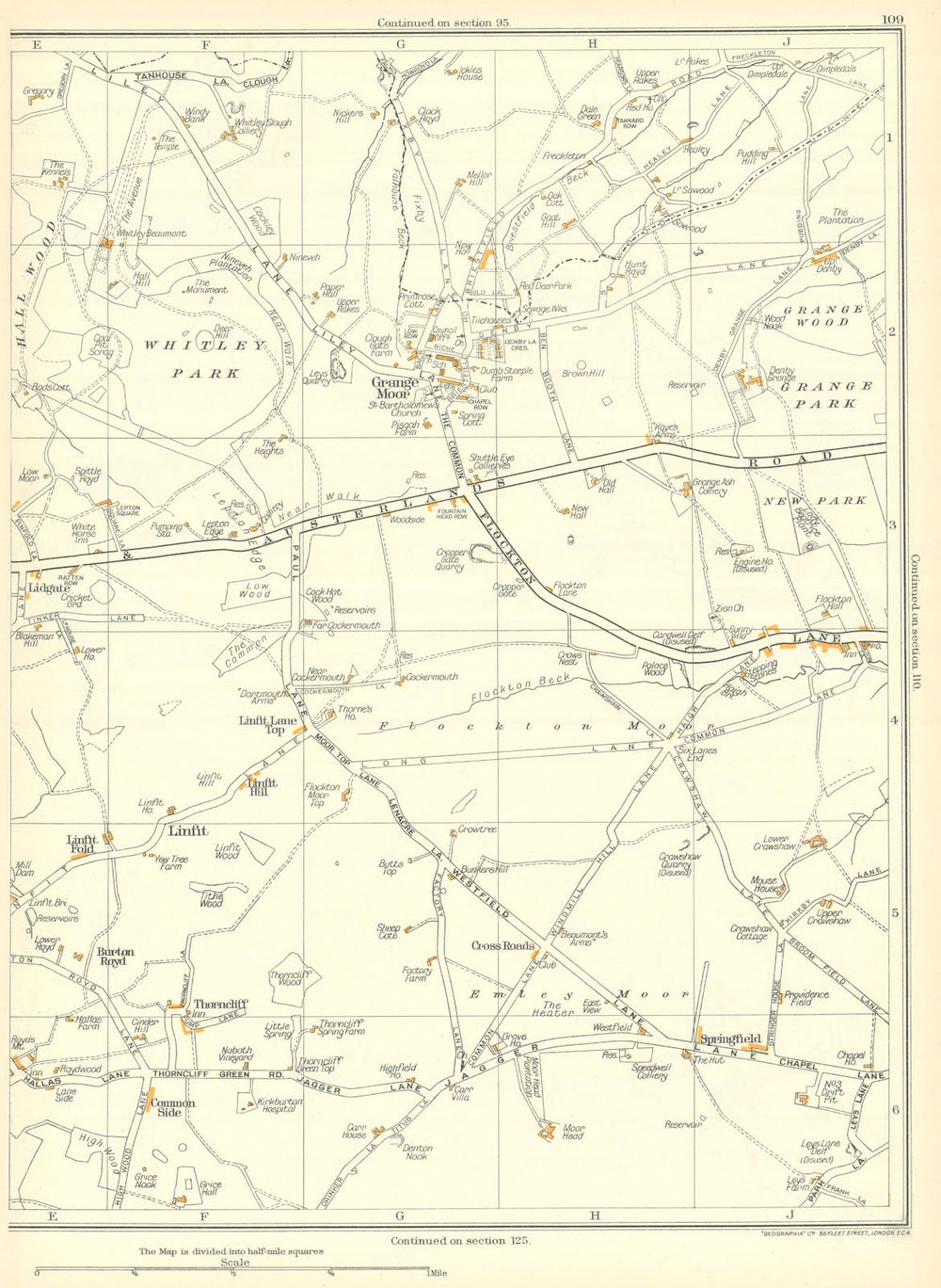 YORKSHIRE Linfit Burton Royd Thorncliff Grange Moor Whitley Park 1935 old map