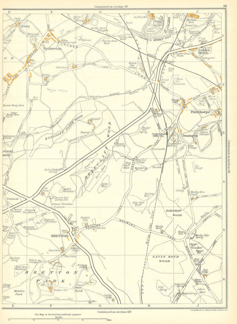 YORKSHIRE Bretton Netherton Painthorpe Calder Grove Crigglestone 1935 old map