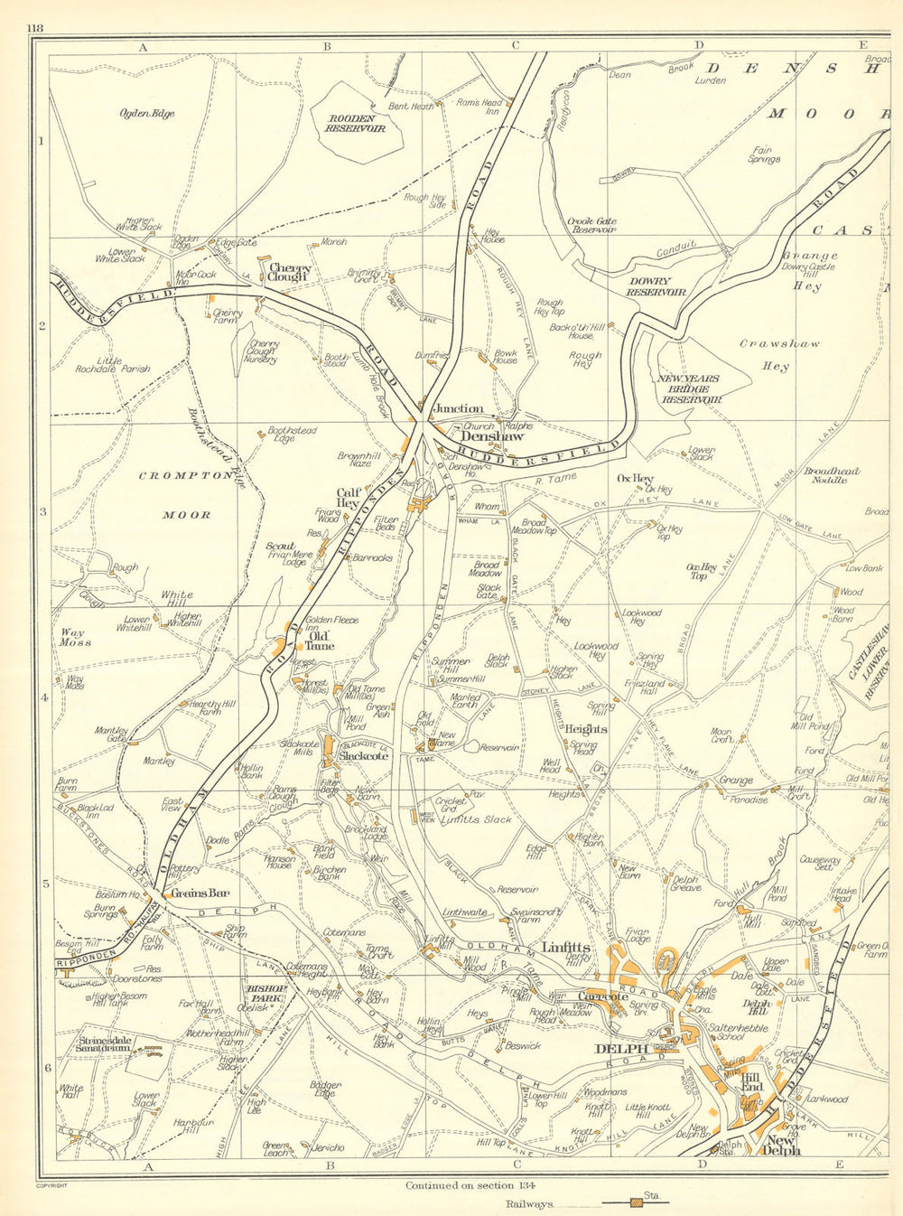 YORKSHIRE Delph Denshaw Linfitts Old Tame Hill End Calf Hey Shaw 1935 map