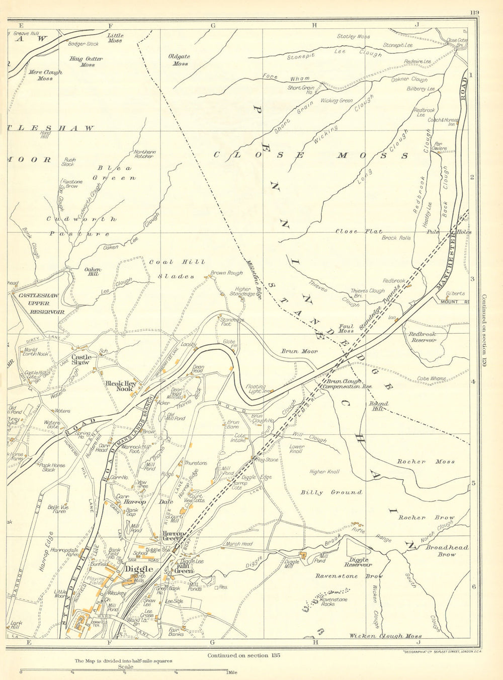 YORKSHIRE Diggle Harrop Dale Castle Shaw Standedge Bleak Hey Nook 1935 old map