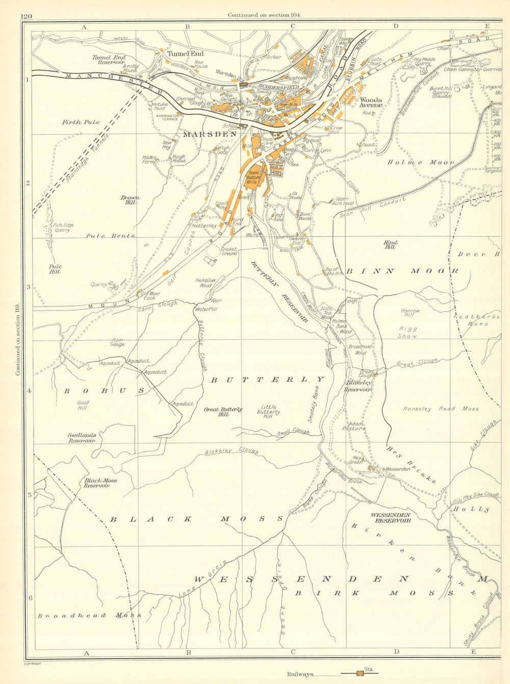 MARSDEN Butterfly Black Moss Bobus Wessenden Moor Binn Moor 1935 old map