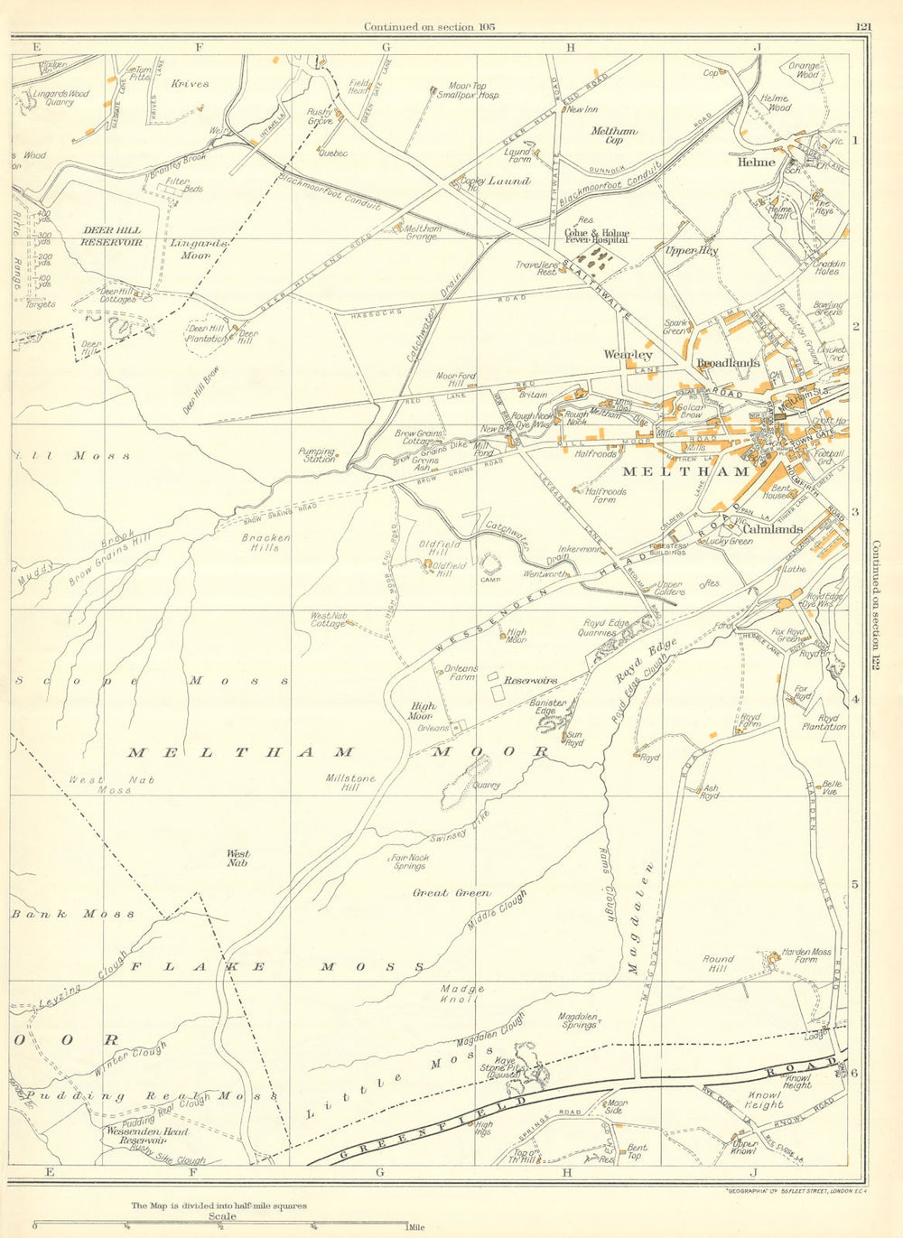 MELTHAM Meltham Moor Flake Moss Helme Calmlands Broadlands Wearley 1935 map