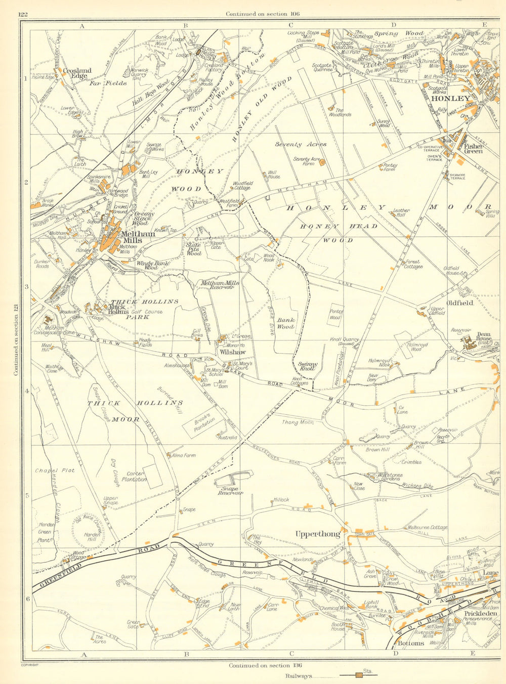 HONLEY Upperthong Netherthong Wilshaw Meltham Mills Crosland Edge 1935 old map