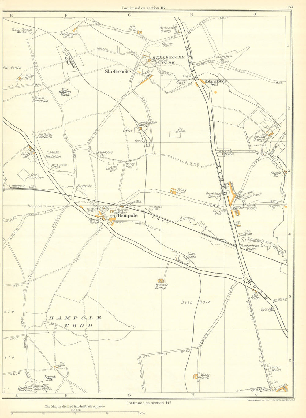 YORKSHIRE Hampole Skelbrooke Skellow Adwick le Street Robin Hoods Well 1935 map