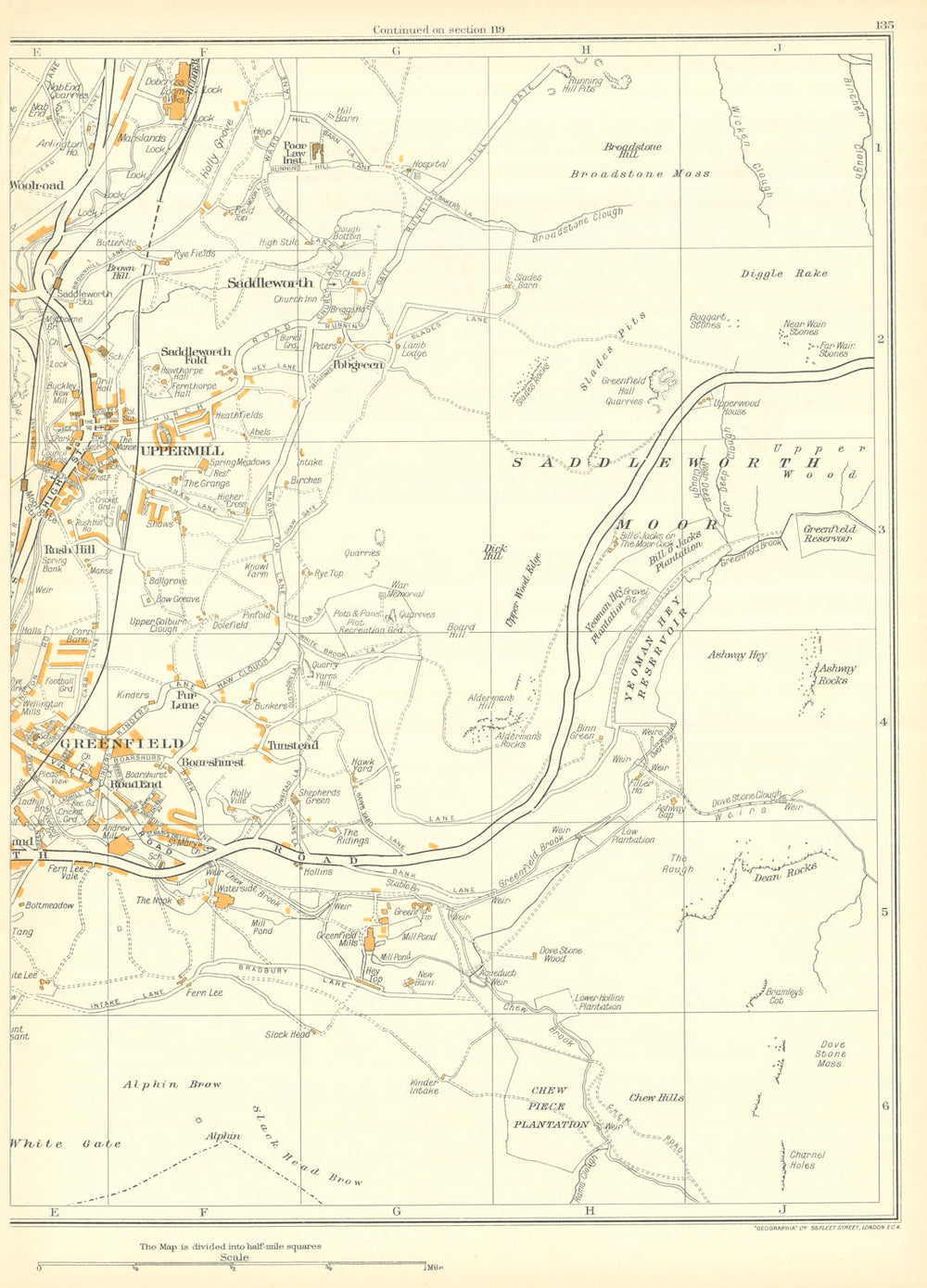 YORKSHIRE Saddleworth Uppermill Greenfield Chew Hills Tunstead Dobcross 1935 map