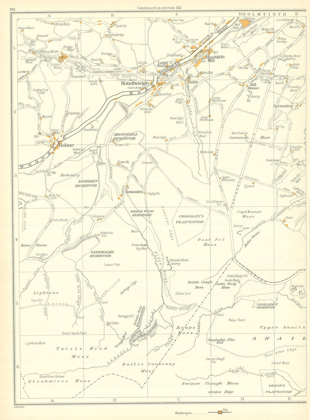 YORKSHIRE Holmbridge Long Walls Hinchliffe Mill Holme Dobb Upperthong 1935 map