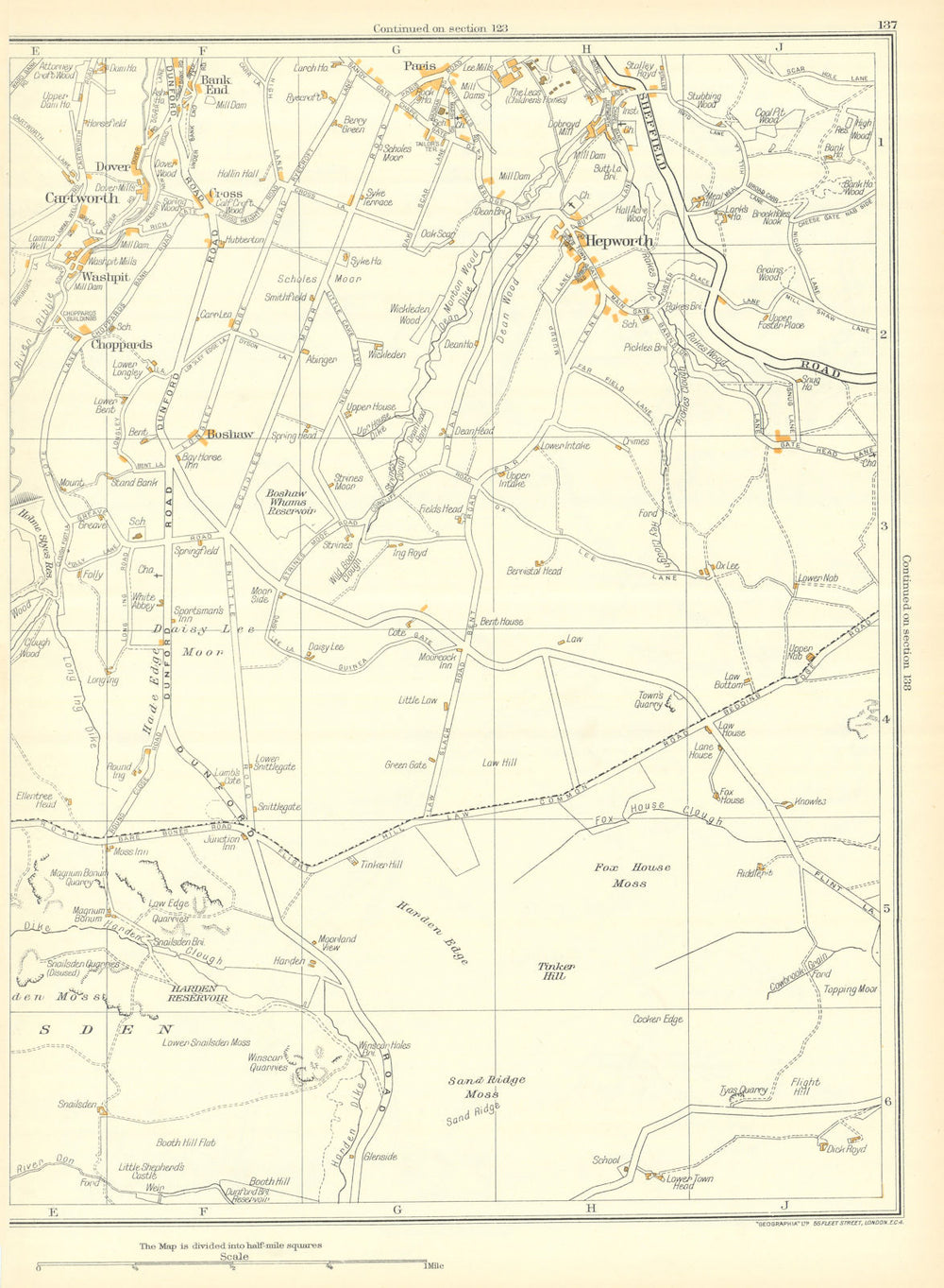 YORKSHIRE Cartworth Hepworth Hade Edge Scholes Washpit Longley 1935 old map