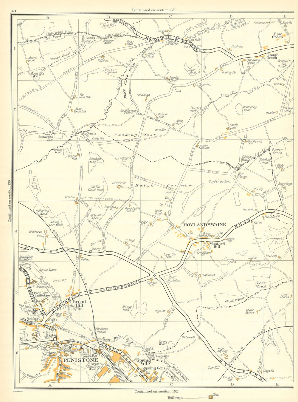 YORKS Penistone Hoylandswaine Mustard Hill Clough Green Raw Cawthorne 1935 map