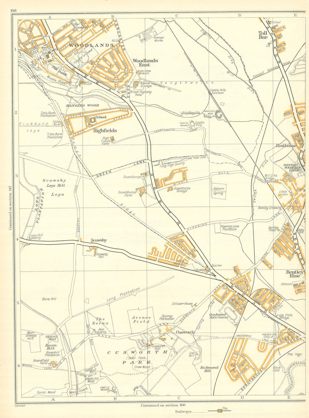 BENTLEY Woodlands Aldwick le Street Cusworth Scawthorpe Toll Bar 1935 old map