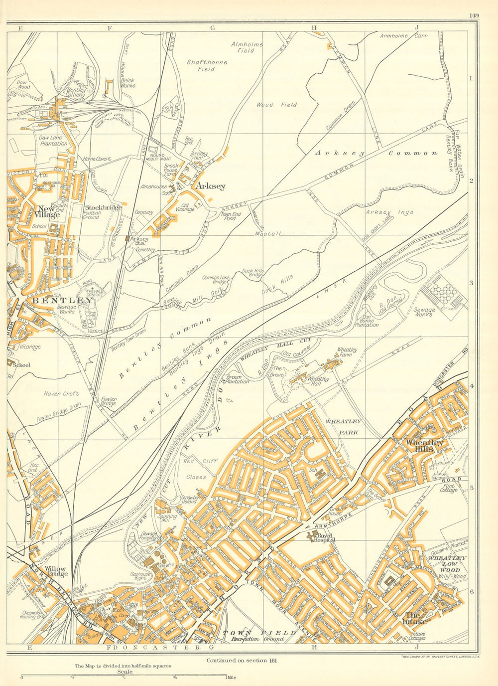 DONCASTER Bentley Intake Willow Bridge Wheatley Hills Arksey 1935 old map
