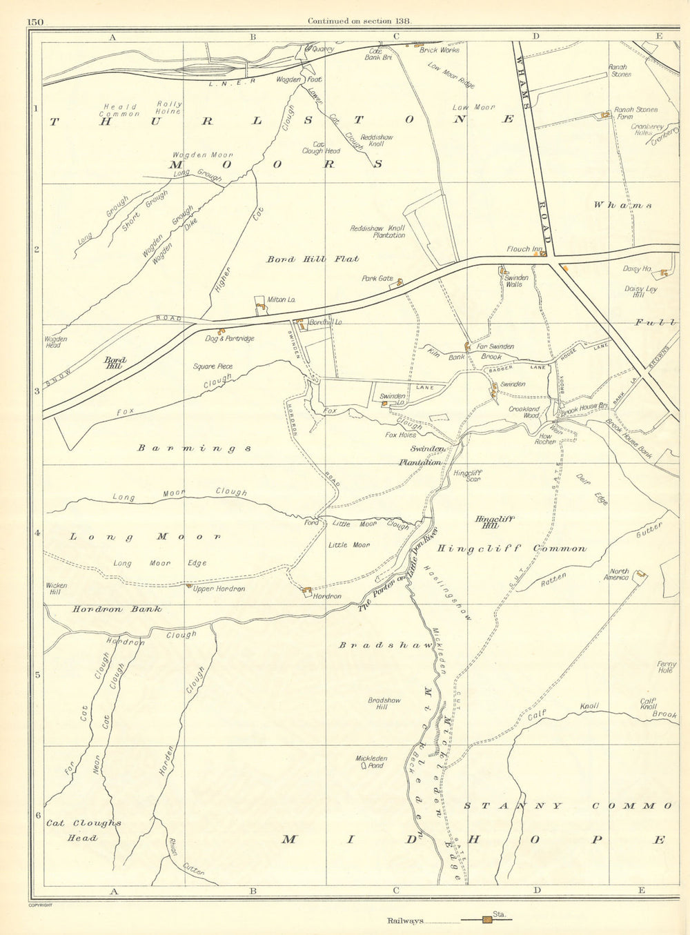 YORKSHIRE Thurlestone Midhope Barnside Moors Ecklands Flouch Inn 1935 old map