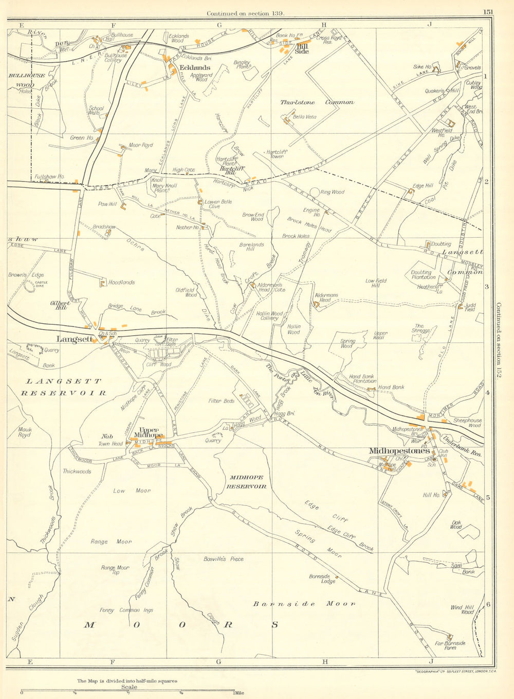 YORKSHIRE Langsett Midhopestones Upper Midhope Penistonestone Ecklands 1935 map