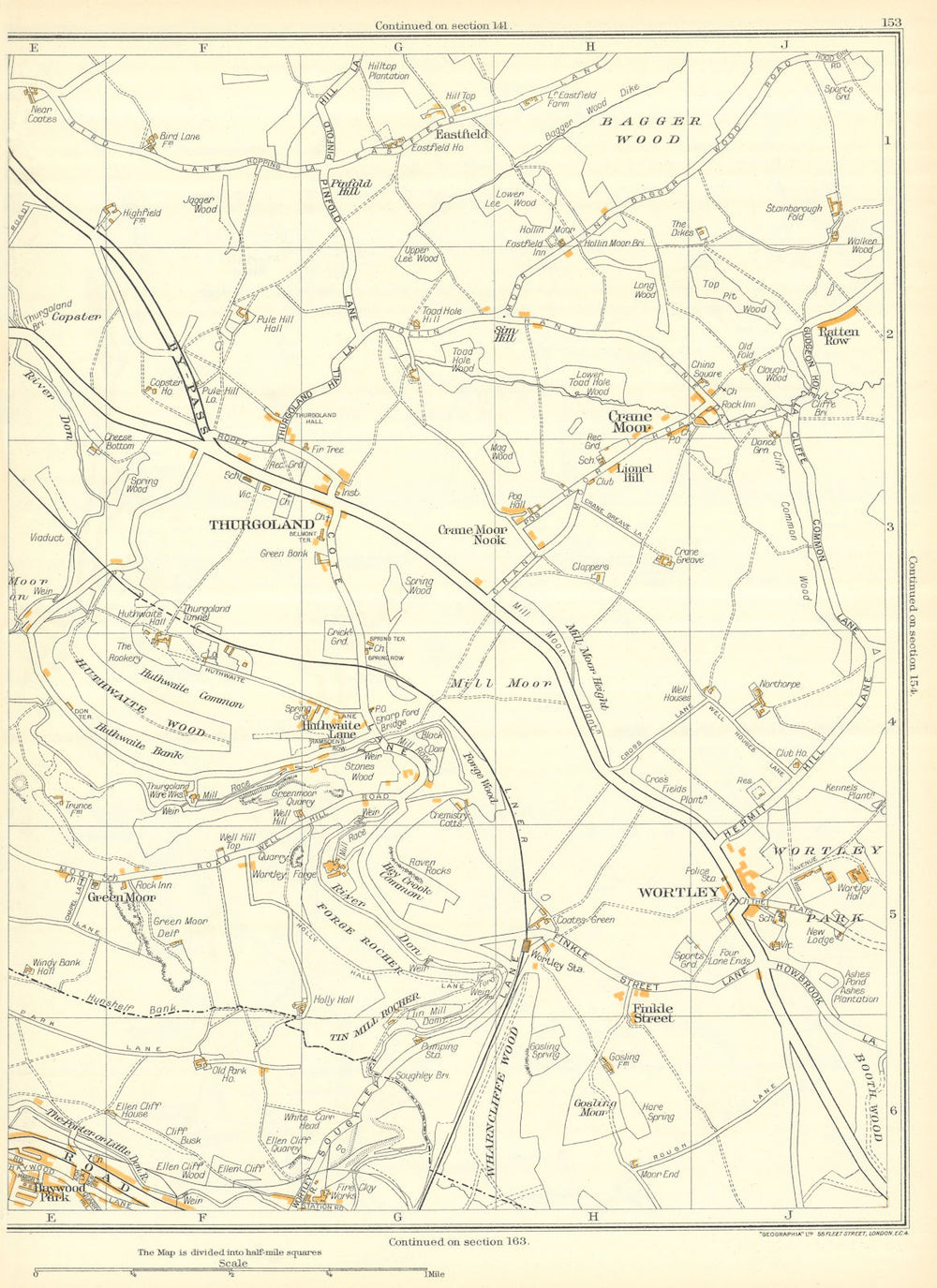 THURGOLAND Wortley Stocksbridge Crane Moor Bagger Wood Finkle Street 1935 map