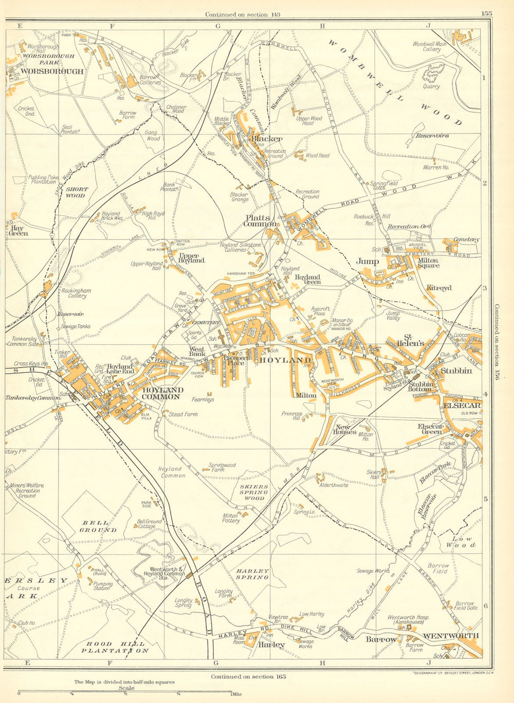HOYLAND Harley Platts Common Worsborough Elsecar Blacker Hill Stubbin 1935 map