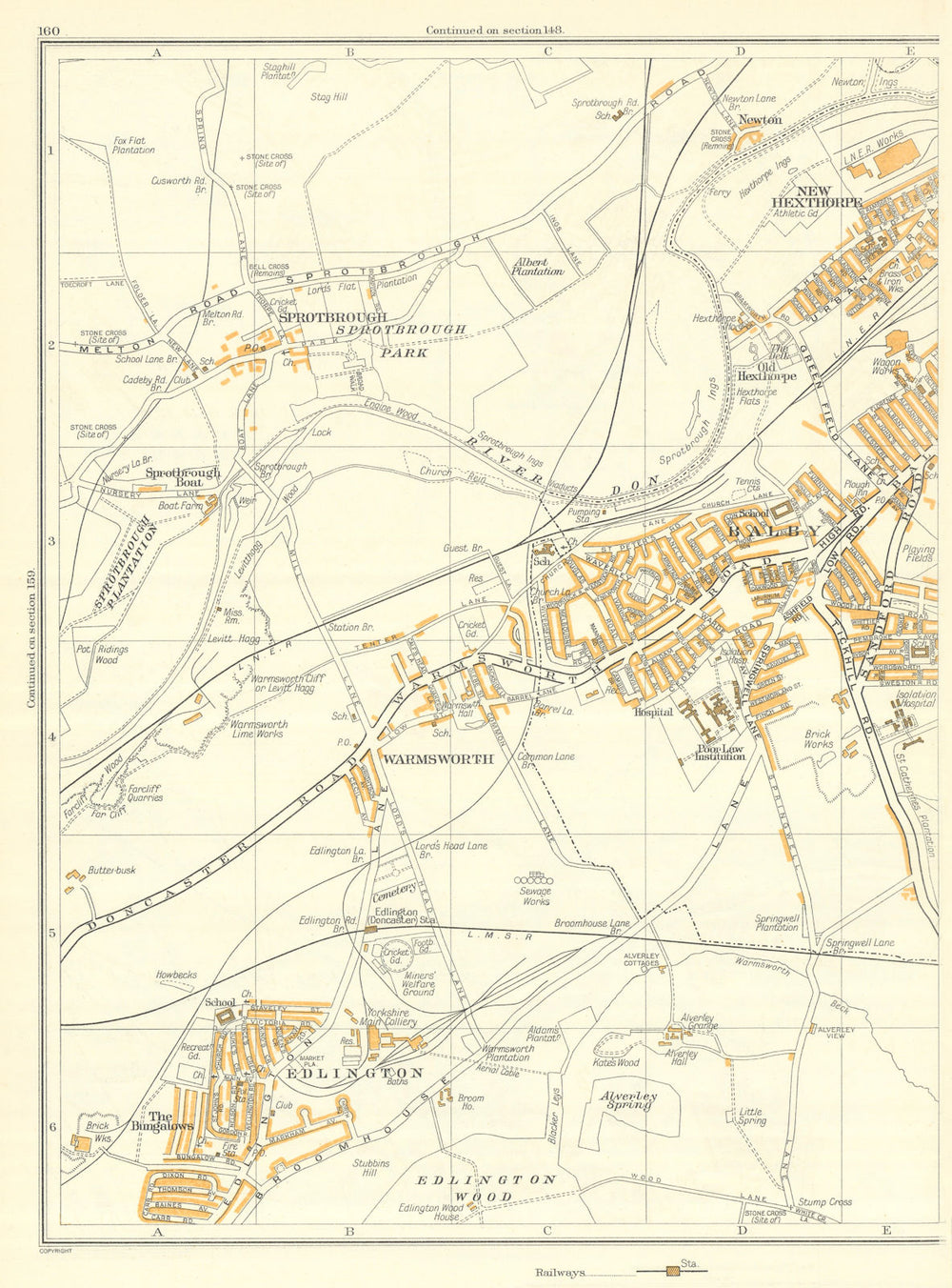 DONCASTER Warmsworth Edlington Hexthorpe Bungalows Spotbrough Balby 1935 map