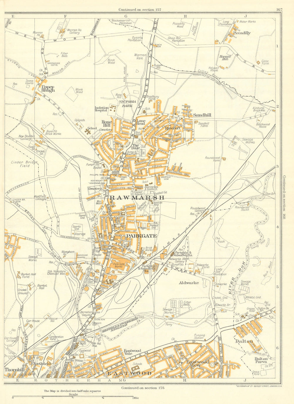 RAWMARSH Kilnhurst Dalton Eastwood Upper Haugh Parkgate Thrybergh 1935 old map