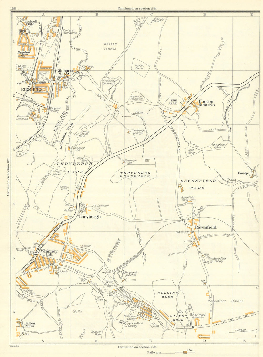 THRYBERGH Dalton Kilnhurst Whinney Hill Ravenfield Hooton Roberts 1935 old map