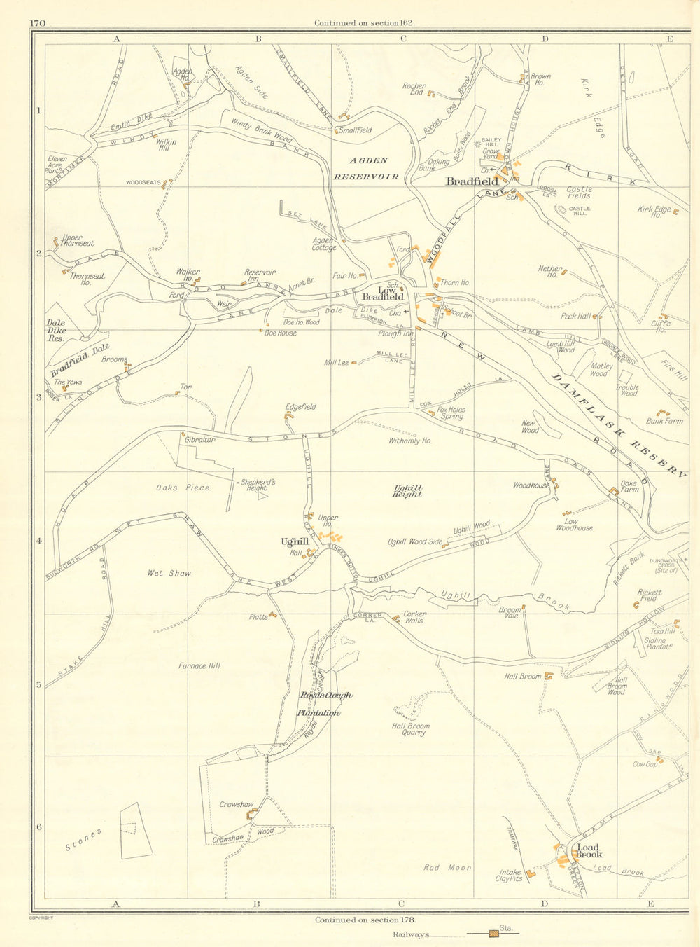 YORKSHIRE High Bradfield Low Bradfield Ughill Load Brook Wet Shaw 1935 old map